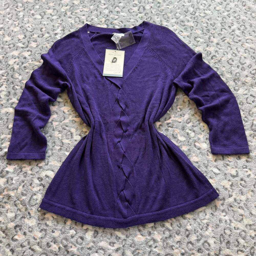 Jaclyn Smith Purple V-Neck Long Sleeve Braided Front Sweater Top Small S/C NWT